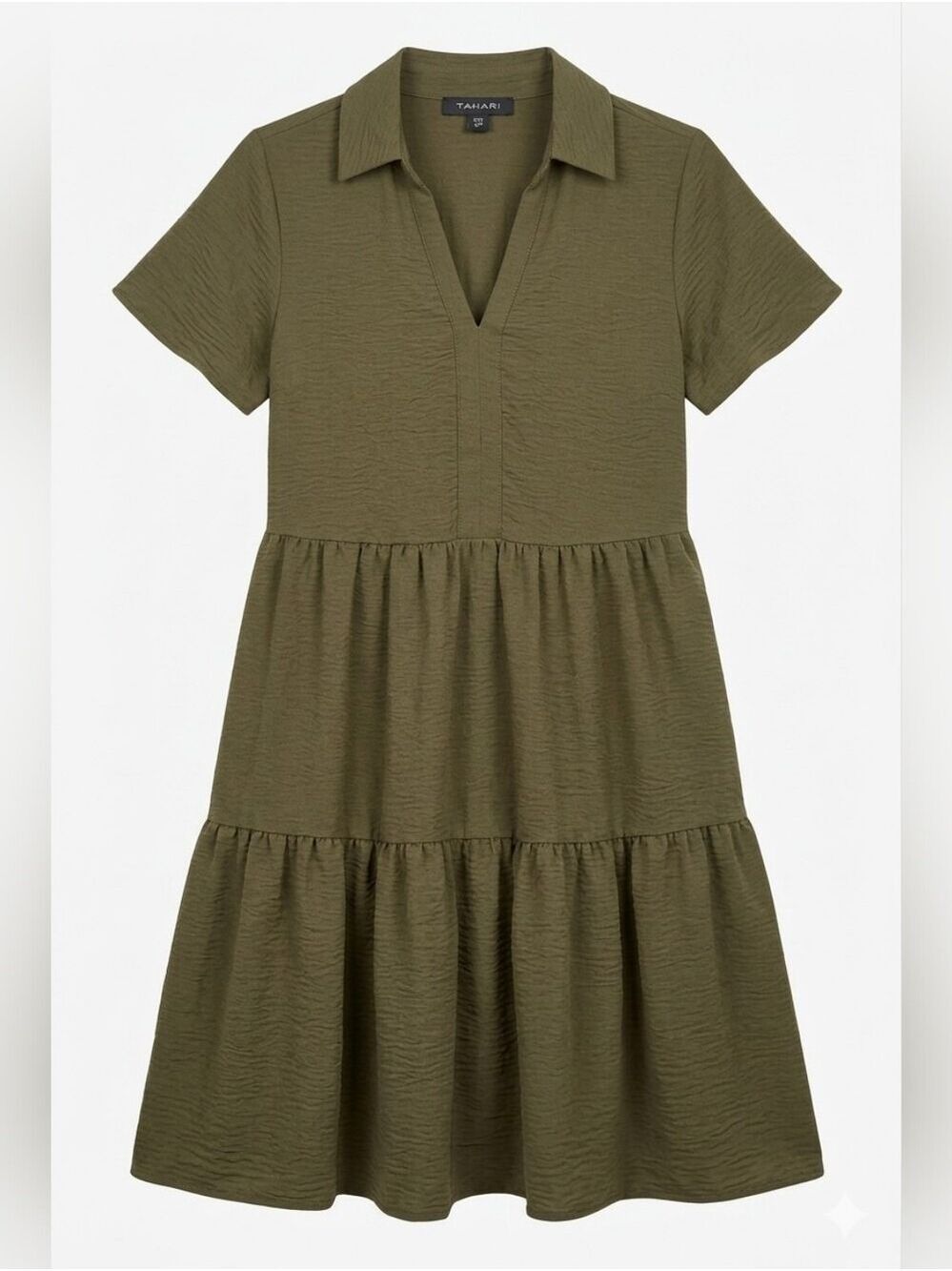 Tahari Olive Green Short Sleeve Tiered Ruffle Smock Dress, NWT, Small